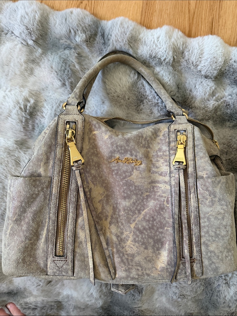 Aimee Kestenberg Taupe Suede Satchel with Gold Hardware